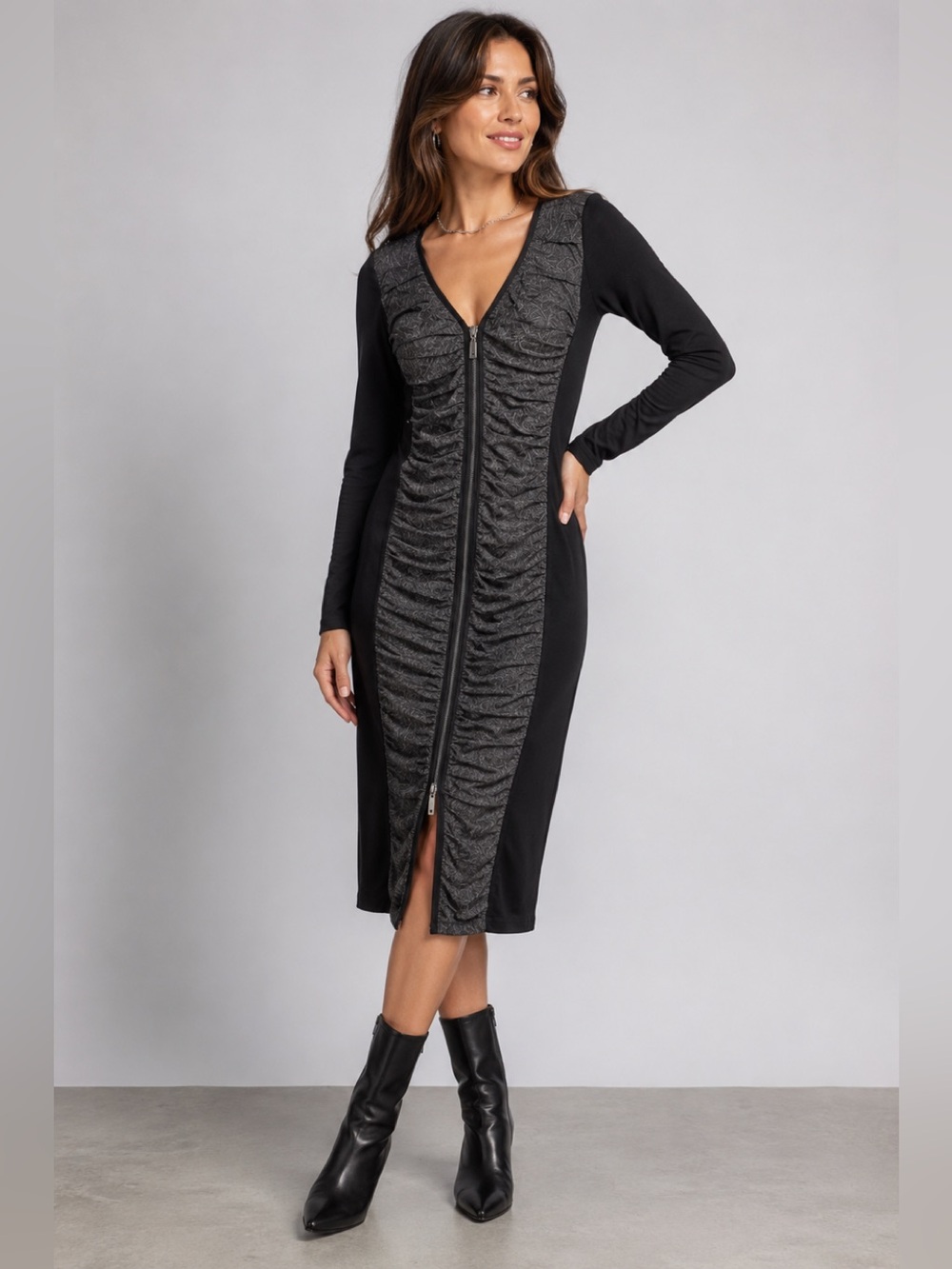 Yest Black Grey Ruched Zip Front Bodycon Midi Dress Y2K Goth